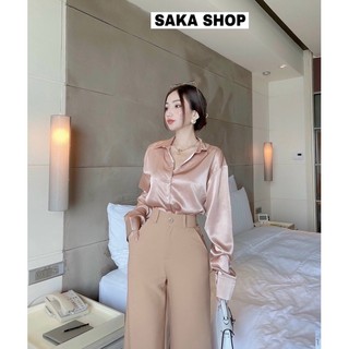 Áo sơ mi lụa nữ tay dài màu hồng nhẹ nhàng cao cấp