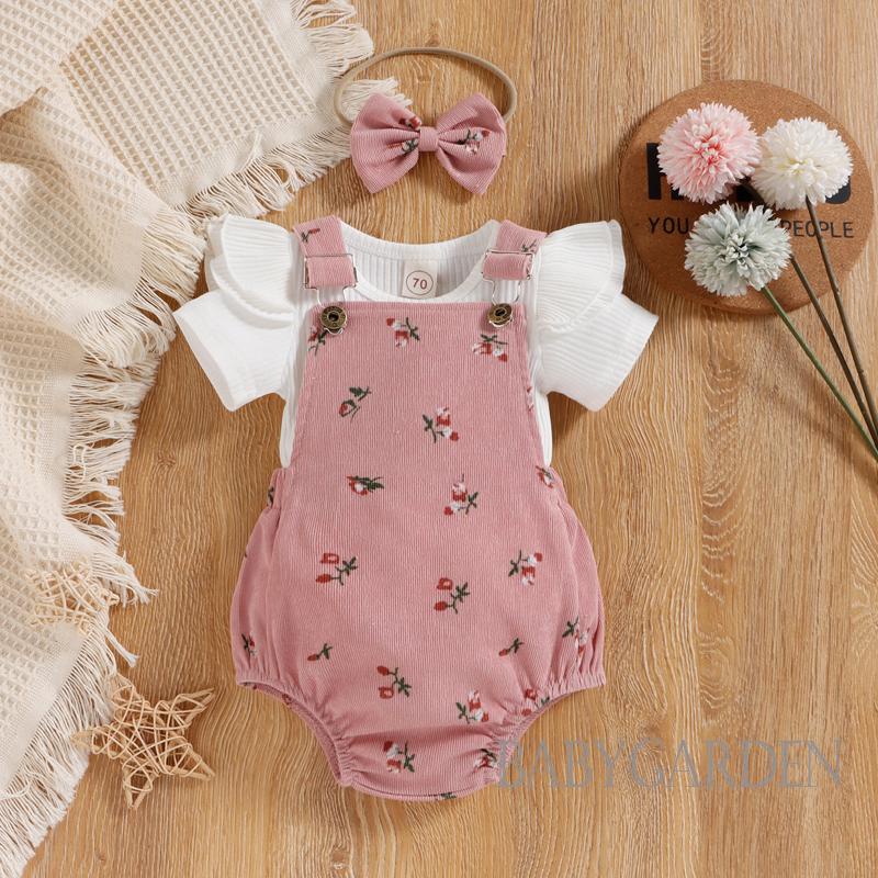 Bộ Áo Liền Quần Cổ Tròn Tay Cánh Tiên Màu Trơn + Băng Đô Hoa Dành Cho Bé Gái 0-18 Tháng Tuổi