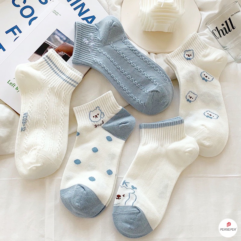 Tất vớ nữ cổ ngắn chất liệu cotton co giãn 4 chiều, set 5 đôi dễ phối đồ - Ekiu Shop