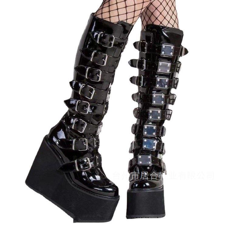 Phong Cách Mới Punk Dài Ống Giày Bốt Martin Thu Đông 2022 Dây Đeo Khóa Kim Loại Đế Dày 11CM Cao Gót Plus Kích Thước Giày Bốt Nữ Phong Cách Gothic Nữ