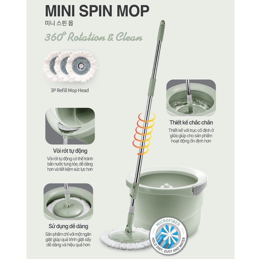 Bộ cây lau nhà LocknLock Mini Spin Mop ETM498MITS2 , xoay 360 độ, tặng kèm 3 bông lau - K-MALL