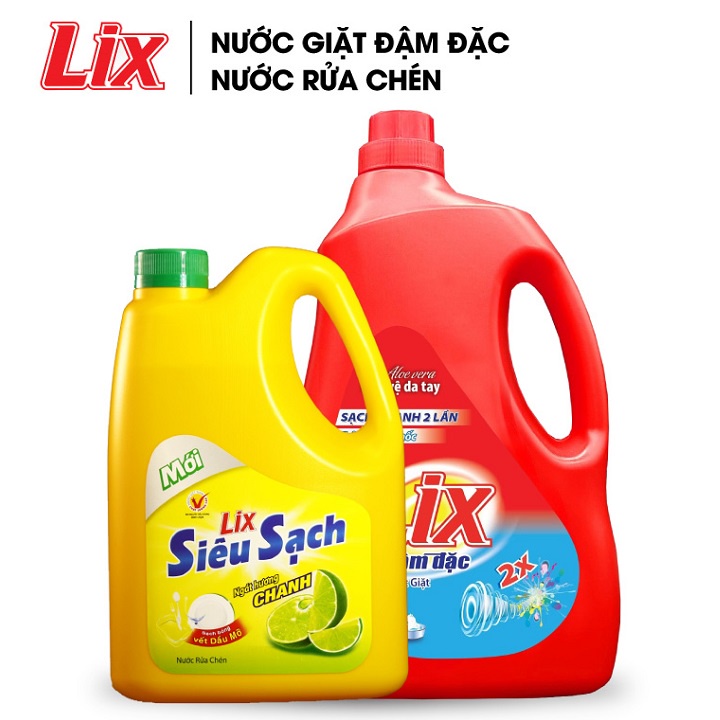COMBO 54 gồm Nước giặt LIX đậm đặc hương hoa 3.6kg NG360 + Nước rửa chén LIX siêu sạch hương chanh 1.4kg NS140