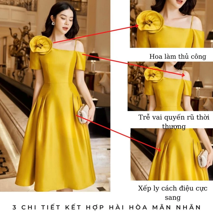 Đầm dự tiệc sang chảnh váy dự tiệc bigsize váy thiết kế cao cấp N159 tại xưởng sỉ Ner.vn màu vàng trắng hoa làm thủcông