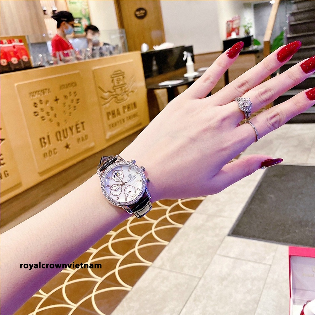 Đồng hồ nữ chính hãng dây da Royal Crown 6420 đính đá sang chảnh cao cấp, đeo tay đẹp, thời trang