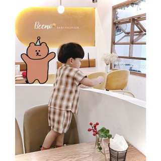 Bộ sơ mi cộc tay kẻ caro cho bé trai, set bộ thô mềm cá tính cho bé trai