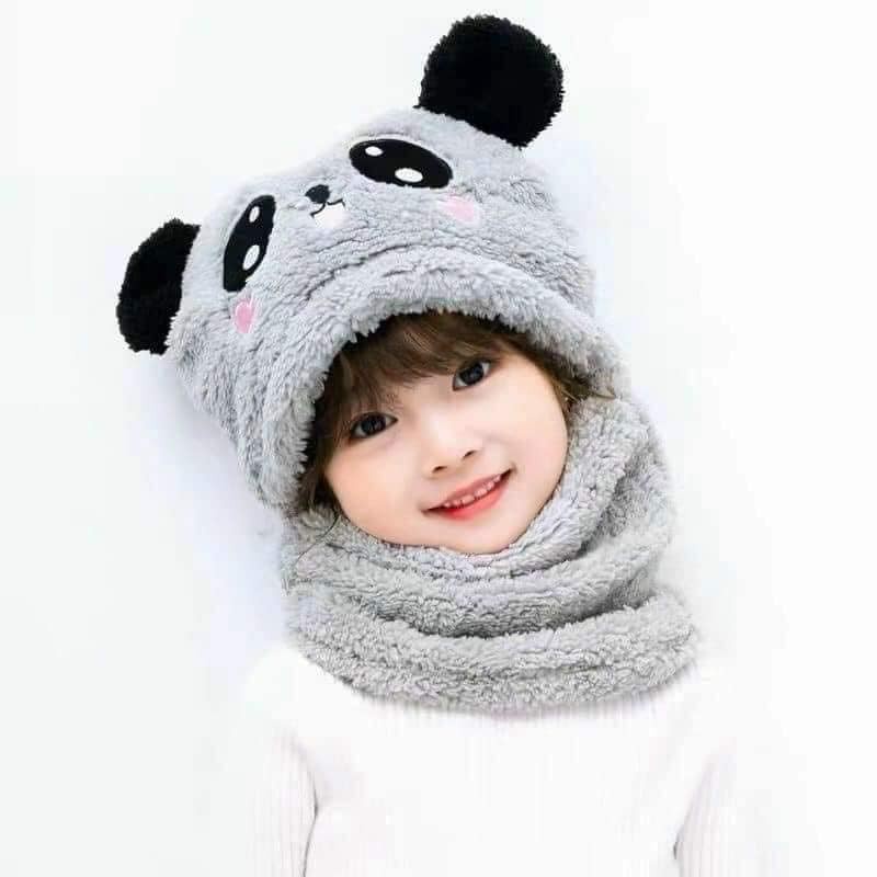 Mũ lông gấu Panda cho bé💚CAM KẾT CHUẨN💚Nón len trẻ em lông cừu liền khăn cổ hình gấu ấm áp mùa đông