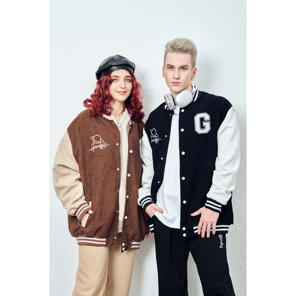 Áo Khoác varsity jacket bomber Nam Nữ nhung tăm bóng chày họa tiết dài tay 2 lớp GINDY thời trang thu đông Unisex A086