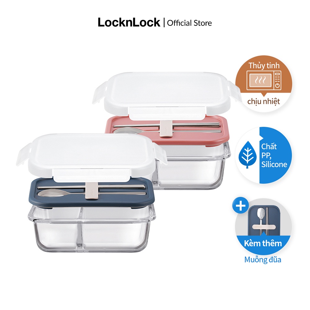 [Mã LIFEMC07CBAU giảm 50k đơn 350k] Hộp cơm thủy tinh Lock&Lock kèm muỗng đũa 930ml LLG991CL (2 màu)