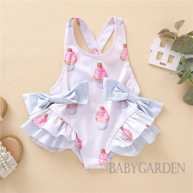 Bộ Đồ Bơi Một Mảnh Hai Dây Hở Lưng Phối Bèo In Hình Bánh Kem Dễ Thương Thời Trang Cho Bé Gái 6 Tháng-5 Tuổi
