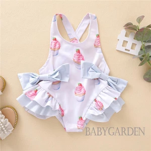 Bộ Đồ Bơi Một Mảnh Hai Dây Hở Lưng Phối Bèo In Hình Bánh Kem Dễ Thương Thời Trang Cho Bé Gái 6 Tháng-5 Tuổi