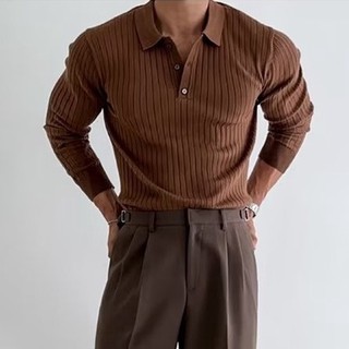 Phiên Bản Hàn Quốc Thu Đông Co Giãn Ấm Áp Dệt Kim Nam Nhẹ Phong Cách Trưởng Thành Thân Thiện Với Da Đơn Giản Áo Sơ Mi polo Dài Tay Ve Áo Len