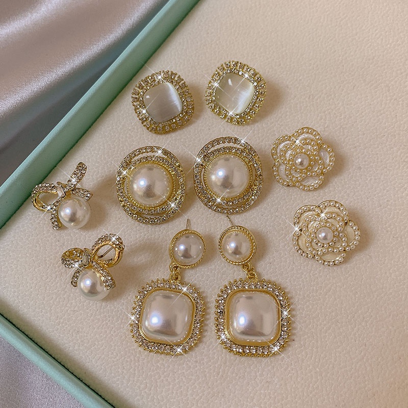 Pháp Ánh Sáng Sang Trọng Bông Tai Ngọc Trai Nữ Tính Khí Tinh Tế Niche Bông Tai Khí Quyển Retro Thời Trang Lưới Bông Tai Đỏ