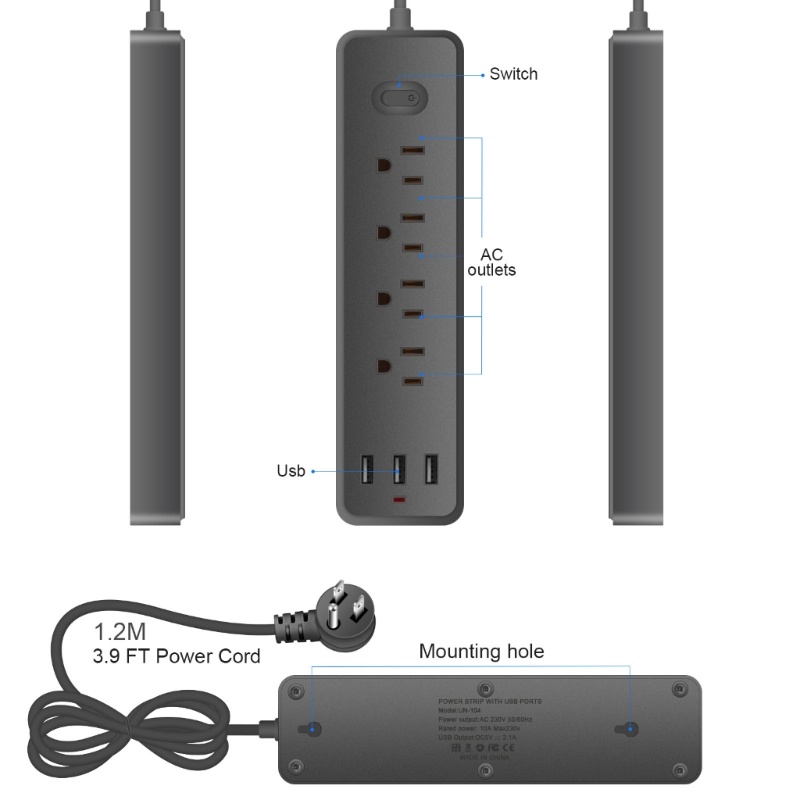 Star 7 trong 1 Power Strip Surge Protector US Plug Wall Outlet Adapter với 4 cổng AC-Outlets có nhịp độ rộng 3x cổng USB