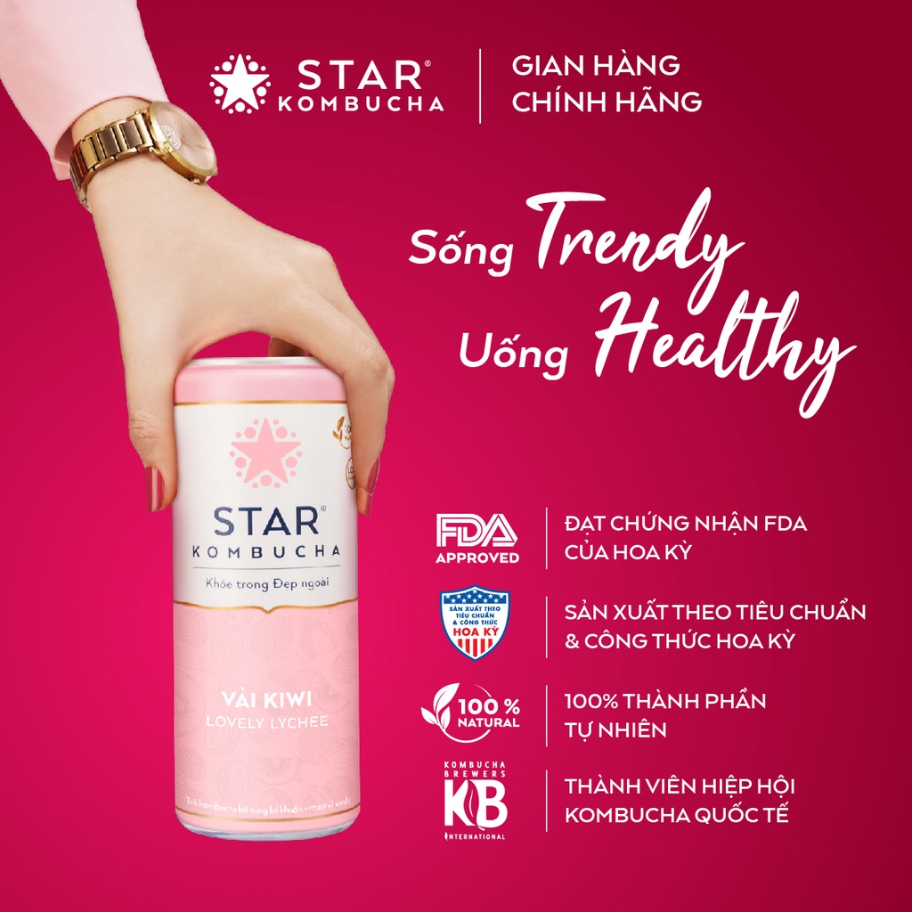 Ảnh Thùng 12 lon trà STAR KOMBUCHA Vải Kiwi / Lychee (250ml/lon) - Trà lên men vi sinh hỗ trợ tiêu hóa 2
