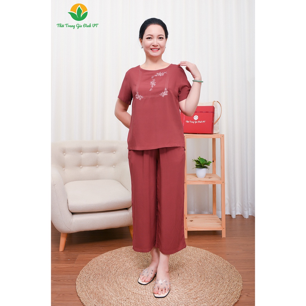 Đồ bộ mặc nhà trung niên hè Việt Thắng, quần lửng, áo ngắn tay, chất Lanh - B26.2303