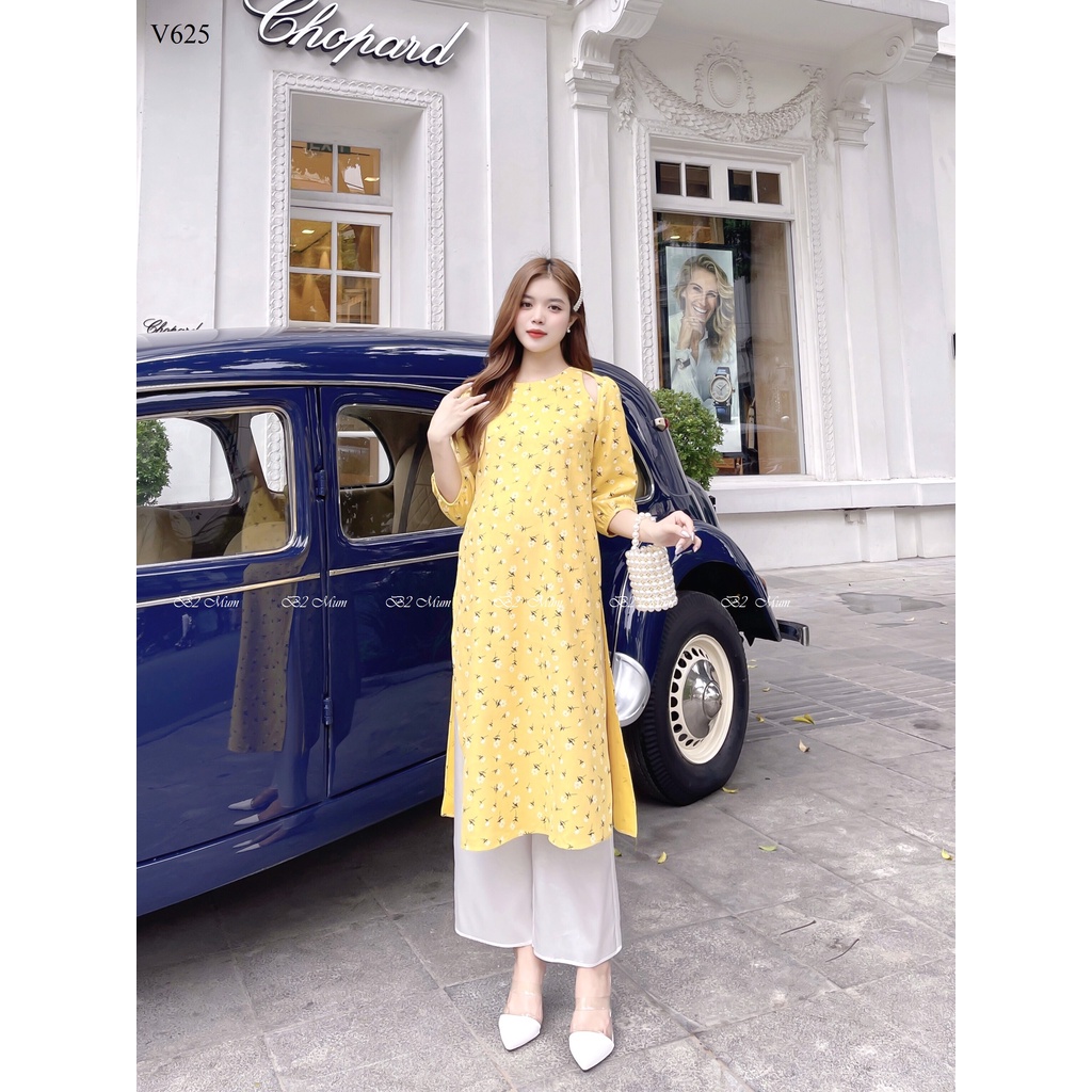 Áo dài bầu và sau sinh cách tân chất liệu ozaza phối hoa vàng sang trọng V625 B2Mum