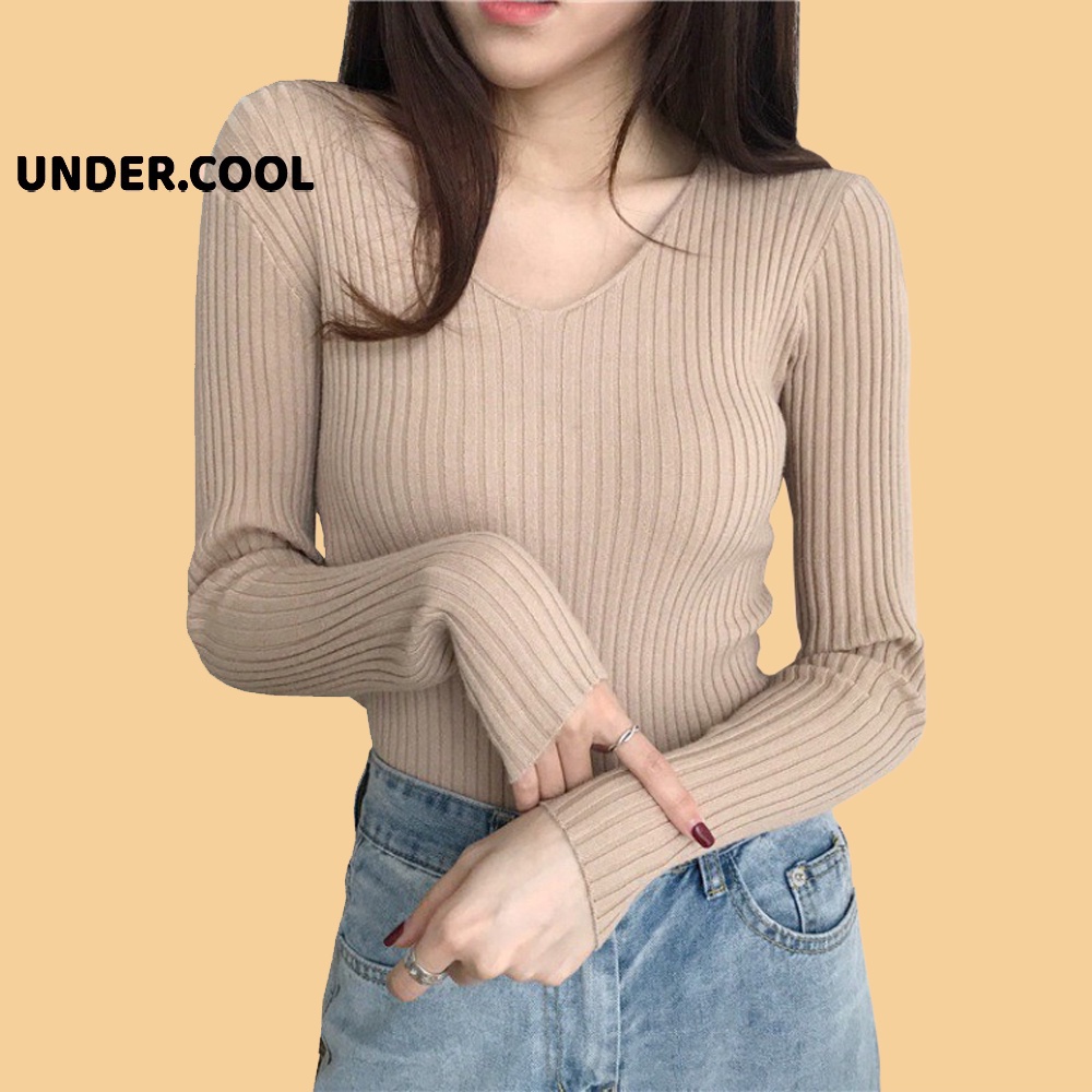 Áo Len tăm cổ tim UNDERCOOL Cổ Tim Len Tăm Co Giãn Nhiều Màu Đen, Trắng, Be đậm, Be nhạt, Hồng, Xám, Nâu caffe ADT04