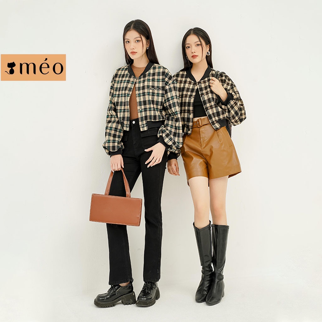 Áo khoác dạ nữ Méo shop bomber dáng ngắn kẻ caro tay bồng phối cúc Fenhy