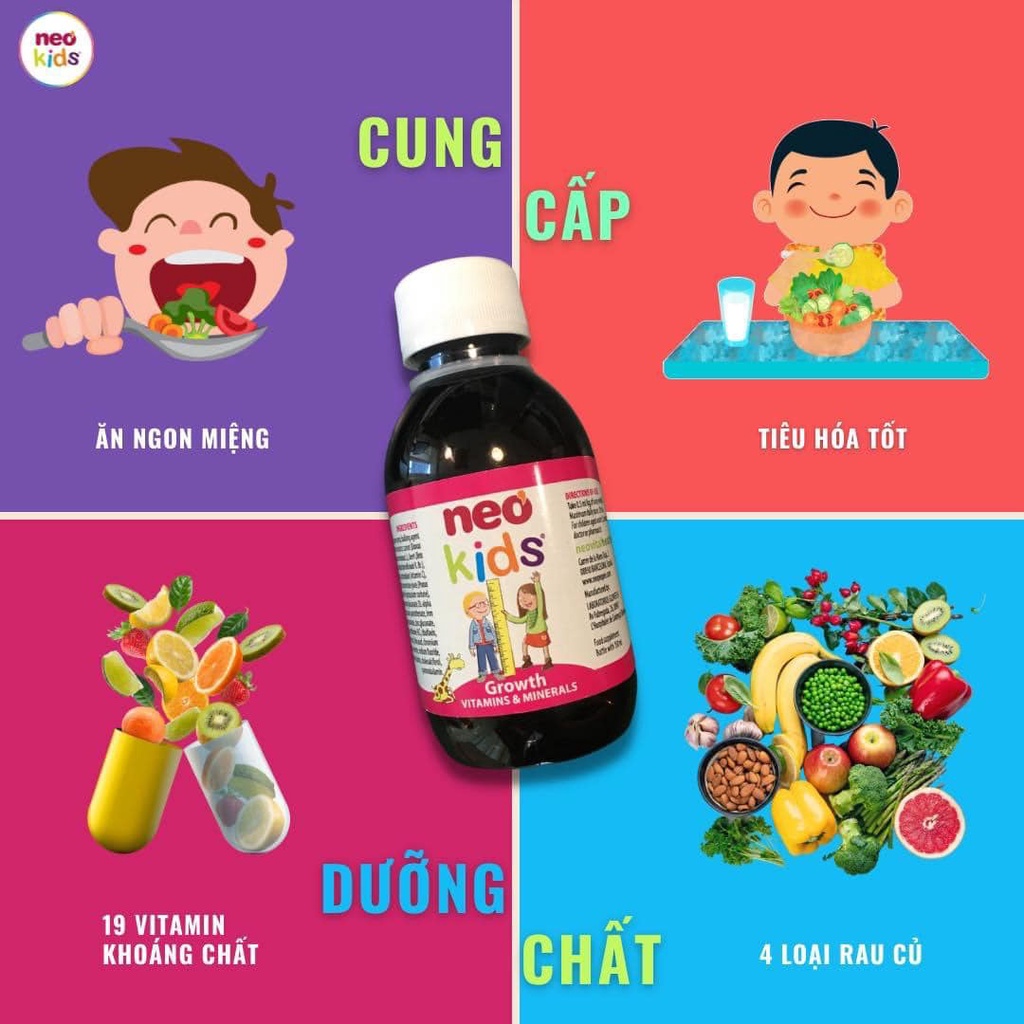 Neo Kids Growth, Siro Bổ sung 18 Vitamin và khoáng chất, hỗ trợ bé biếng ăn chai 150ml