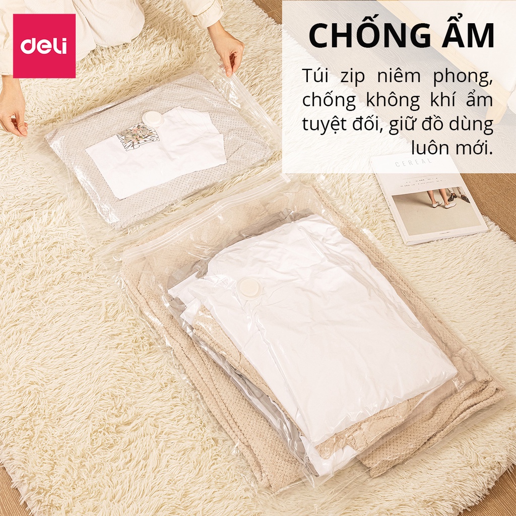 Túi hút chân không quần áo KHÔNG CẦN DÙNG BƠM Deli loại dày 2 lớp cao cấp bọc để chăn màn khóa zip chống rò rỉ hơi