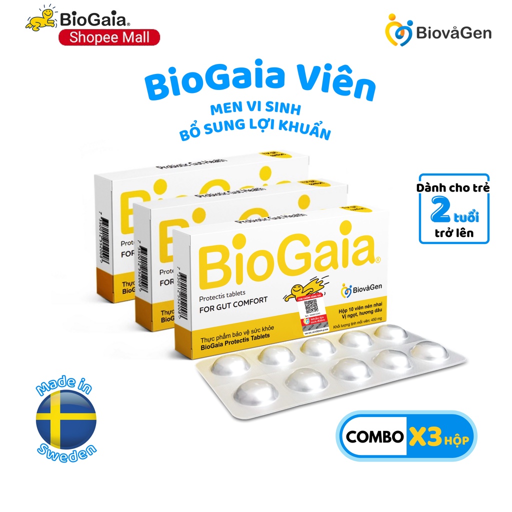 Combo 3 men vi sinh BioGaia Protectis Dạng viên cải thiện hệ tiêu hóa Thụy Điển hộp 10 viên