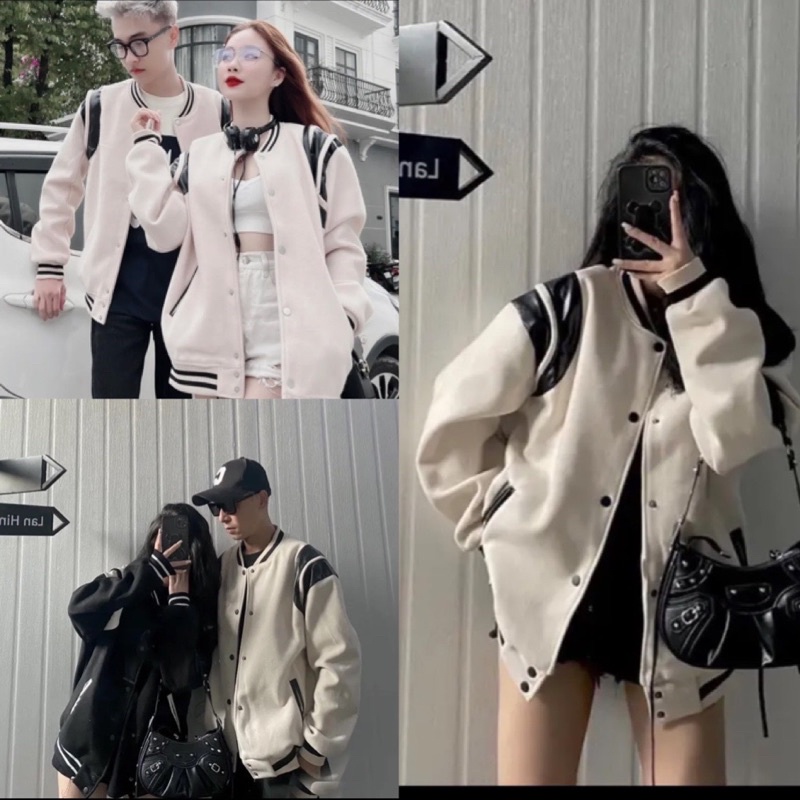 [Ảnh Thật ] Áo Khoác Bomber Unisex Dạ 2 lớp phối sọc pha da nam nữ