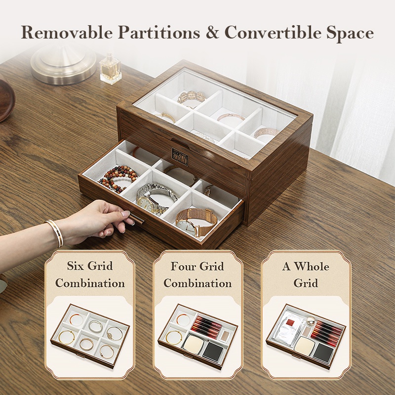 Casegrace Hộp đựng đồ trang sức bằng gỗ lớn có nắp trong suốt Vòng đeo tay ngăn kéo hai lớp Đồng hồ sắp xếp lưu trữ Hộp trang sức bằng gỗ