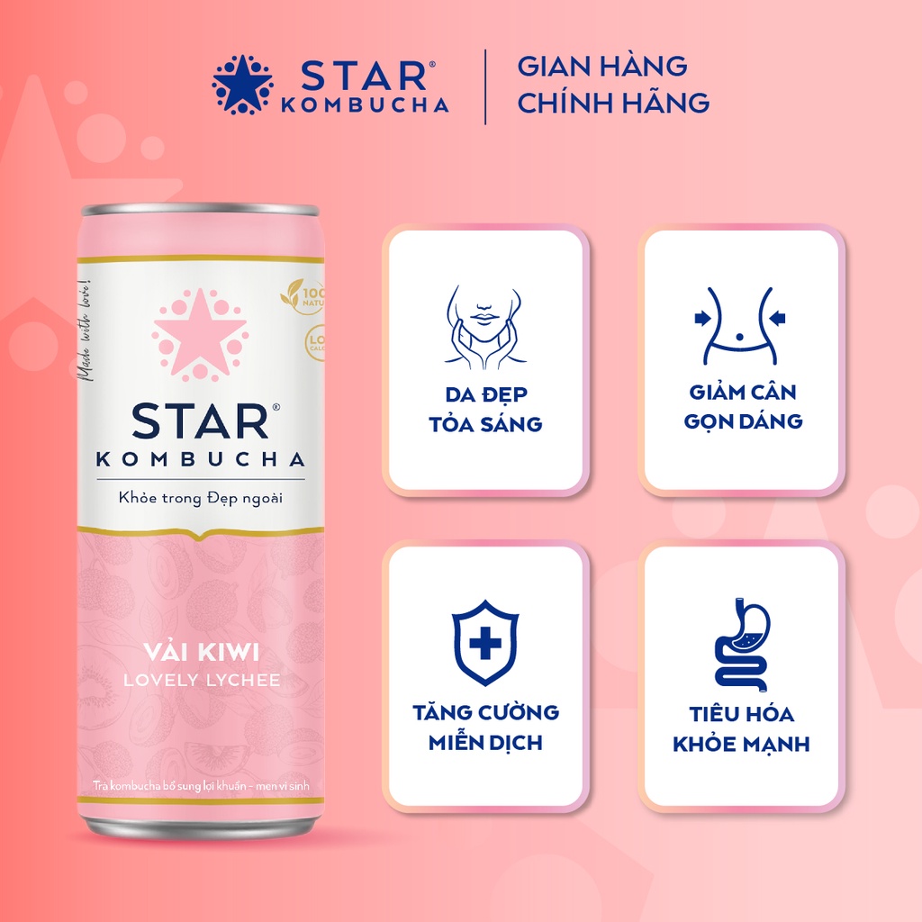 Ảnh Thùng 12 lon trà STAR KOMBUCHA Vải Kiwi / Lychee (250ml/lon) - Trà lên men vi sinh hỗ trợ tiêu hóa 1