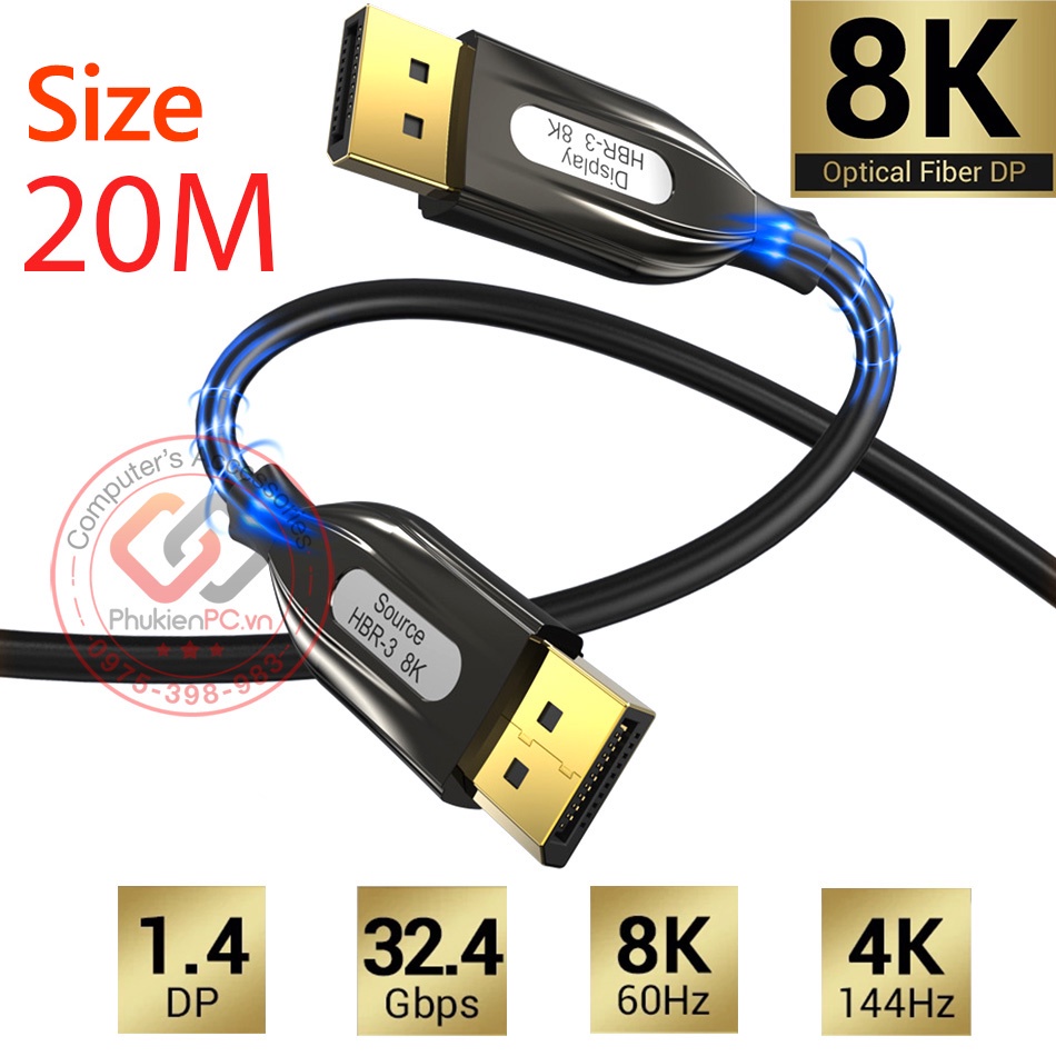 Cáp Displayport 1.4 hai đầu đực, dài 20m, sợi quang Fiber Optic. cho ...