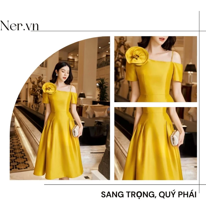 Đầm dự tiệc sang chảnh váy dự tiệc bigsize váy thiết kế cao cấp N159 tại xưởng sỉ Ner.vn màu vàng trắng hoa làm thủcông