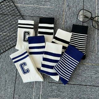 Set 8 đôi tất cổ cao thể thao Hàn Quốc hotgirl chữ C sọc viền xanh trắng