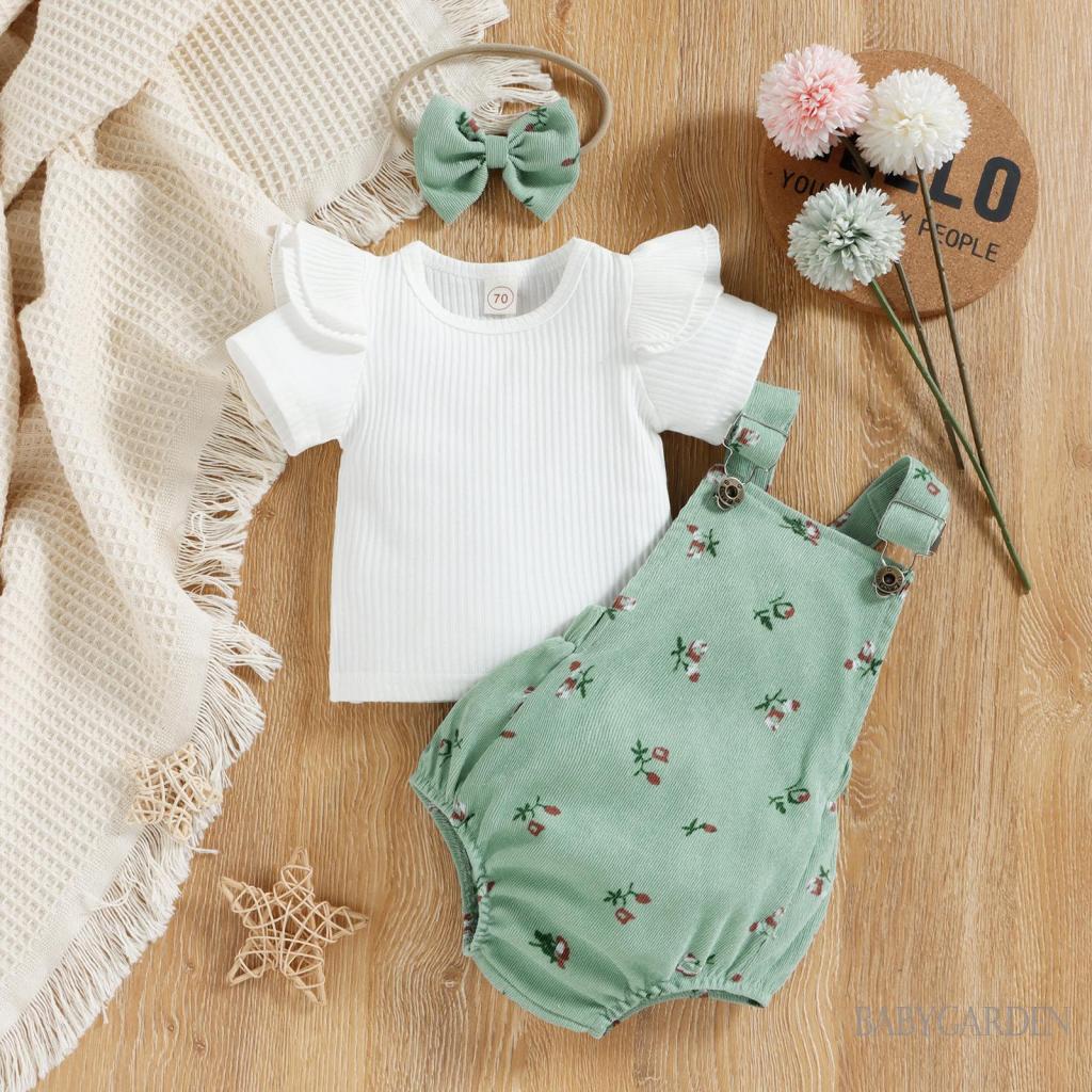 Bộ Áo Liền Quần Cổ Tròn Tay Cánh Tiên Màu Trơn + Băng Đô Hoa Dành Cho Bé Gái 0-18 Tháng Tuổi