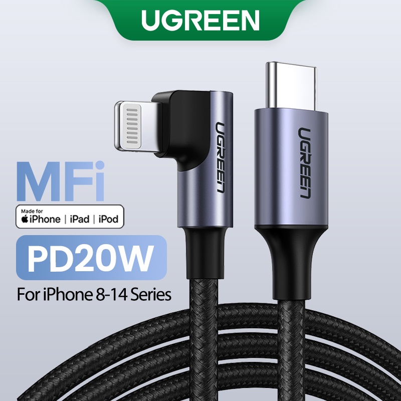 Dây cáp UGREEN bện nylon dạng góc 90 độ MFI cổng USB-C sang Lightning tùy chọn kích thước