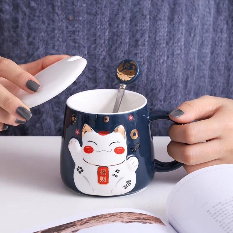 Cốc Sứ Uống Nước Mèo Thần Tài Chiêu May Mắn - Ly Uống Cafe Có Nắp , Văn Phòng, Quà Tặng Tân Gia