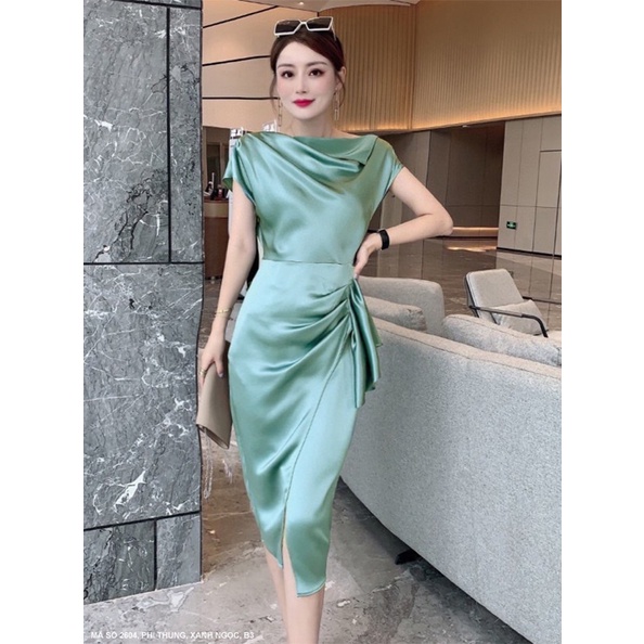 (Có size lớn) Đầm LỤA thiết kế cổ đổ tà đắp chép ôm body cực sexy và ...