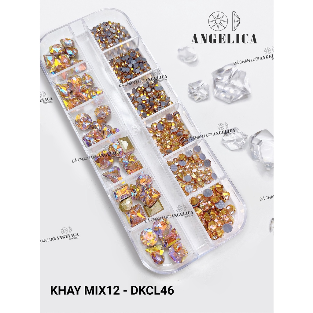 Khay 480v Đá Chân Lưới Mix Đá Khối Đính Nail Trắng AB Trang Trí Móng ANGELICA DKCL