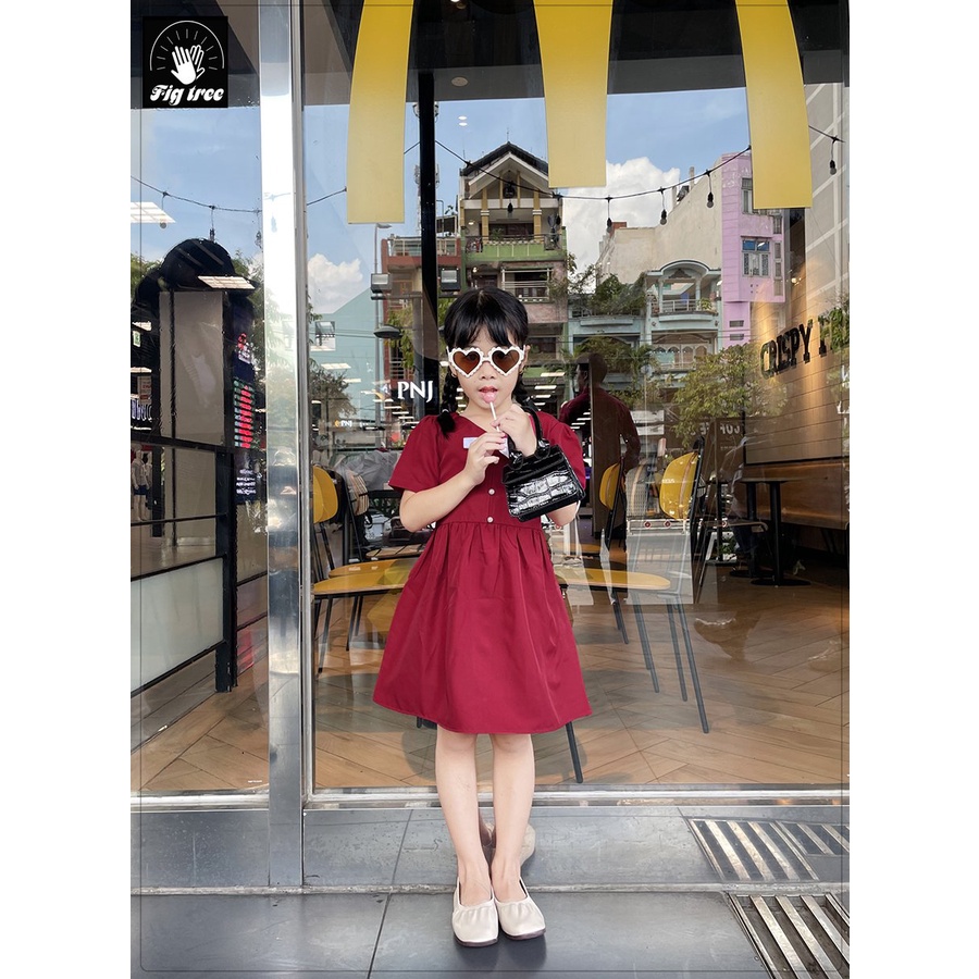 Váy Bé Gái Fig Tree Dáng Xòe Tiểu Thư Màu Đỏ Phối Nơ Trắng, Chất Cotton Mềm mịn, Có size từ 7-37kg