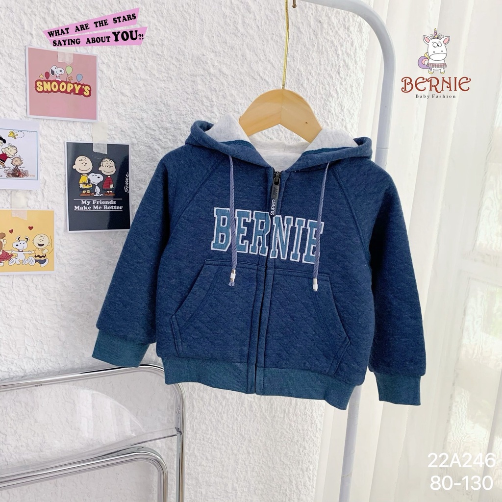 Áo khoác nỉ trần trám unisex cho bé trai bé gái, áo khoác giữ ấm cho bé hàng Bernie