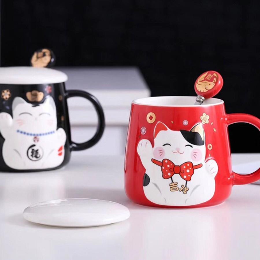 Cốc Sứ Uống Nước Mèo Thần Tài Chiêu May Mắn - Ly Uống Cafe Có Nắp , Văn Phòng, Quà Tặng Tân Gia