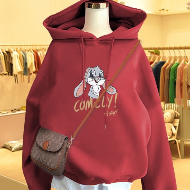 Áo Hoodie Nữ HappyFamily Màu Xanh Rêu Hot Trend Comely Hình Chú Thỏ Xinh Xắn Chất Nỉ Da Cá 100 Cao Cấp