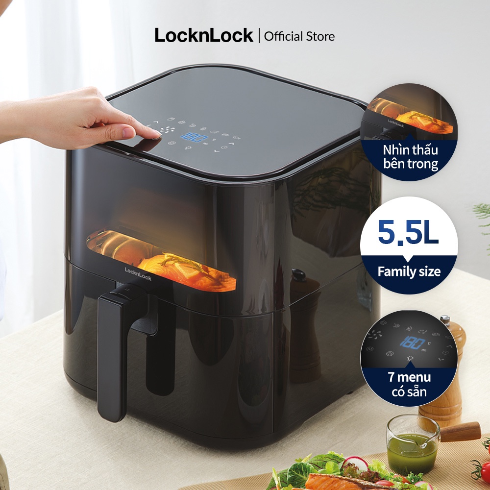 [Mã ELBAU5 giảm 5% đơn 300K] Nồi chiên không dầu Lock&Lock Visible air fryer CUBE 5.5L cửa sổ trong suốt-EJF996BLK