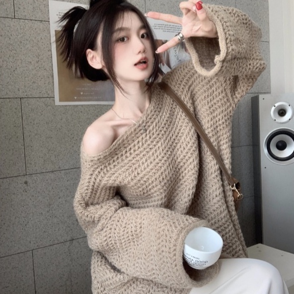 Áo Len Dệt Kim Dài Tay Trễ Vai Phong Cách Pháp