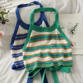 Áo len yếm kẻ sọc ngang, len montoghi croptop 374