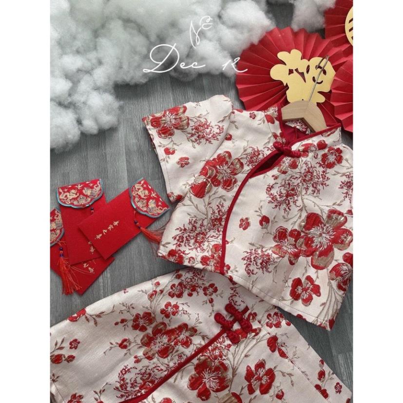Set áo crop hoa đỏ cổ tàu chân váy chất liệu vải gấm set đồ diện chơi tết xinh xắn