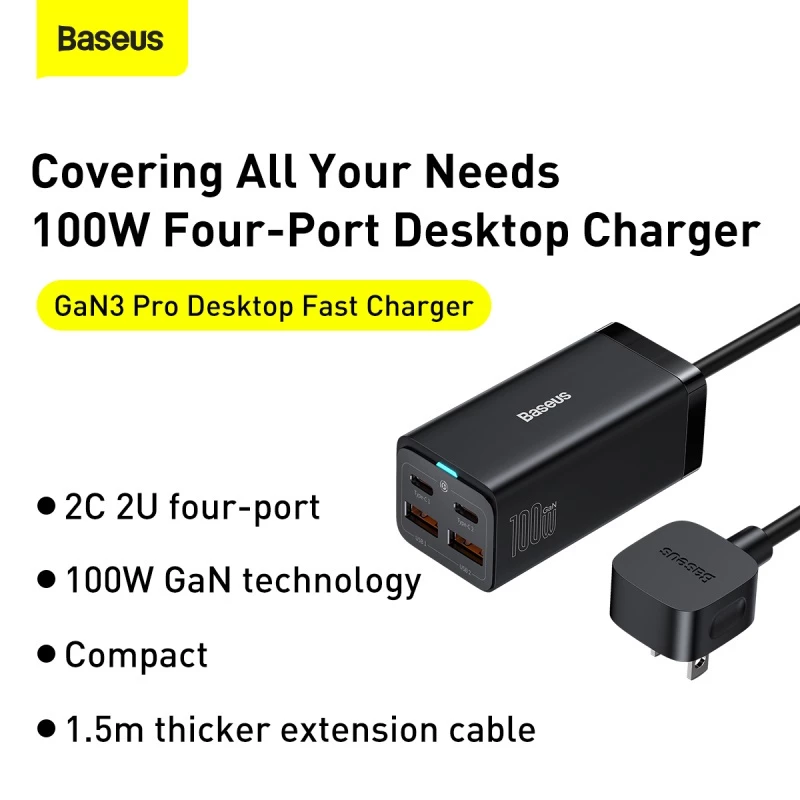 Baseus 100W 65W GaN3 Sạc 2U + 2C Máy Tính Để Bàn Laptop Sạc Nhanh 4 Trong 1 Adapter Cho iPhone 14 13