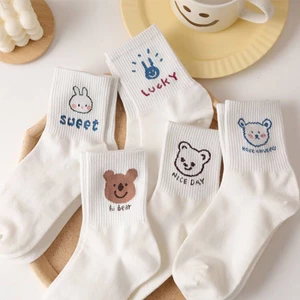 Tất cổ cao nữ trắng phong cách Nhật Hàn vớ gân nhún cotton co giãn thoáng mát họa tiết gấu thỏ đáng yêu đẹp HANASO TD050