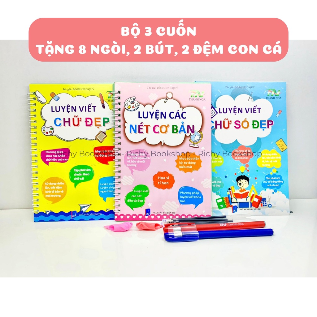 Sách - Bộ 3 Cuốn Luyện Viết Các Nét Cơ Bản, Chữ Đẹp, Số Đẹp - vở luyện viết tự xóa thần kì