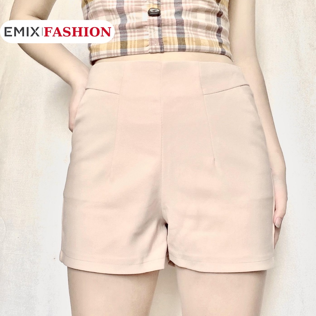 Quần đùi nữ cạp cao EMIX (3 màu), dáng ngắn, short khóa sau lưng, 2 túi bo eo, ống rộng vừa, chất tuyết mưa, mềm nhẹ 044
