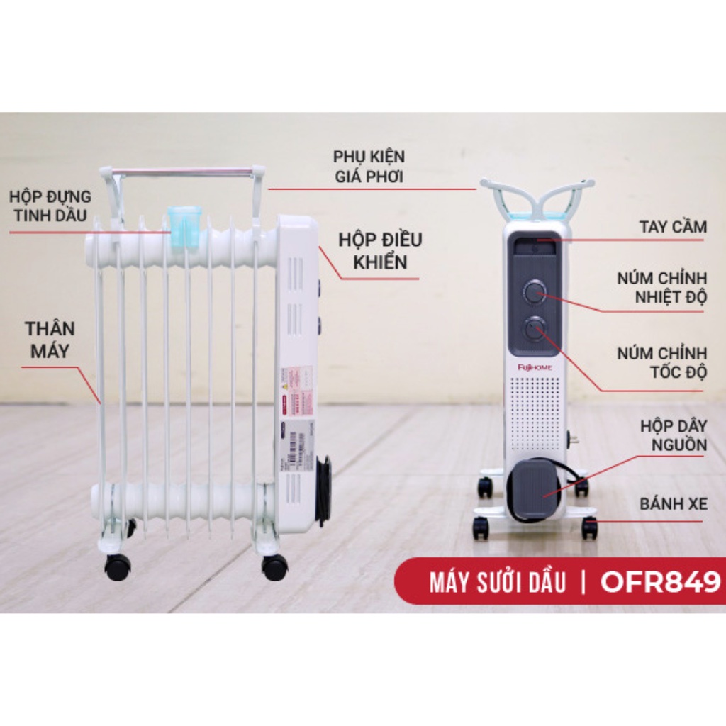 Máy sưởi dầu FujiHome, Máy sưởi ấm không đốt oxi, không khô da, bảo vệ chống quá nhiệt, tiết kiệm điện