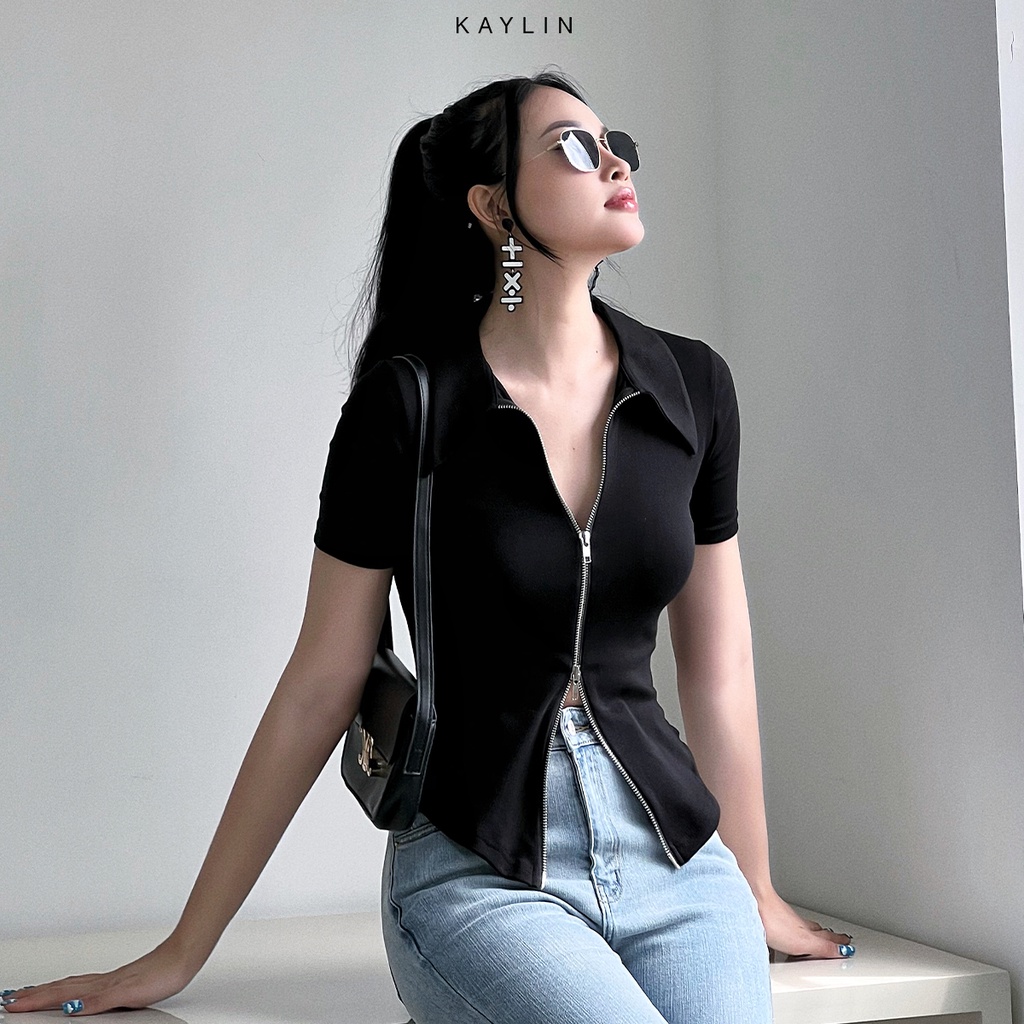 Ảnh Áo thun KAYLIN Freesize form ôm cổ sơ mi phối dây kéo hai đầu chất vải thun cỏ giản phong cách trẻ trung - N1770 1